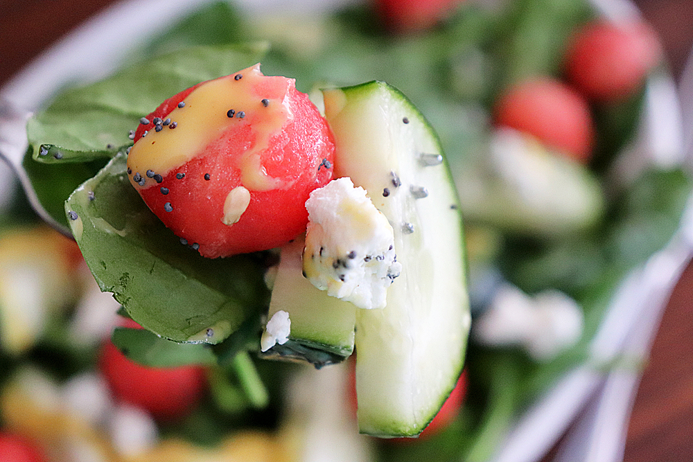 bite shot of Watermelon and Goat Cheese Salad Recipe