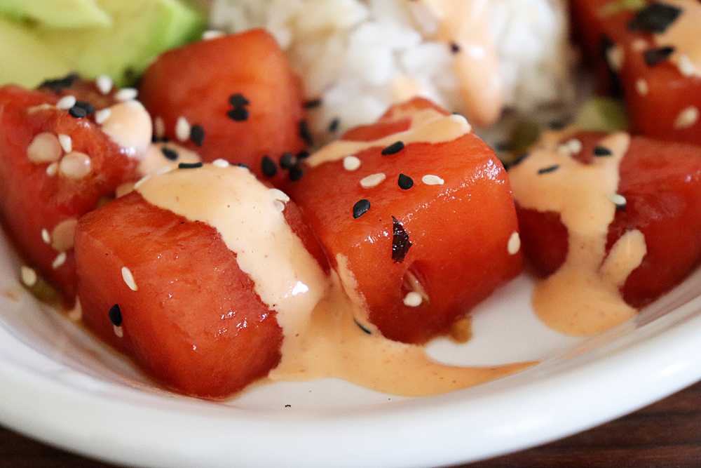 Close up of Easy Vegan Watermelon Poke Bowl