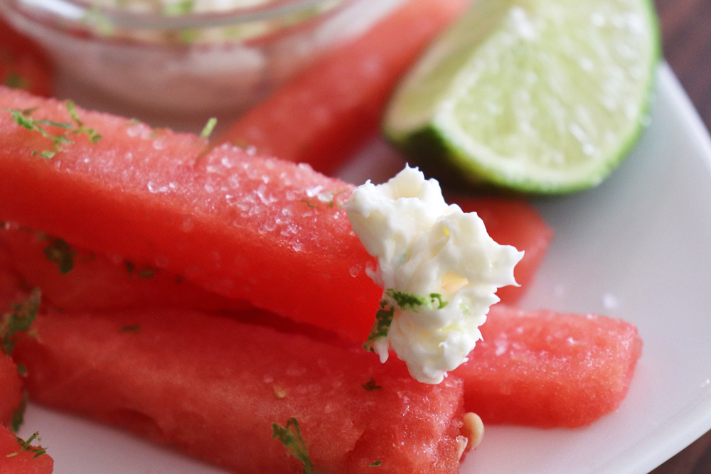 Dipped and plated Watermelon Fries with Marshmallow Dip