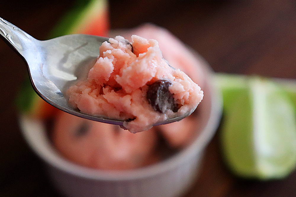 Bite shot of Watermelon Chocolate Chip Ice Cream