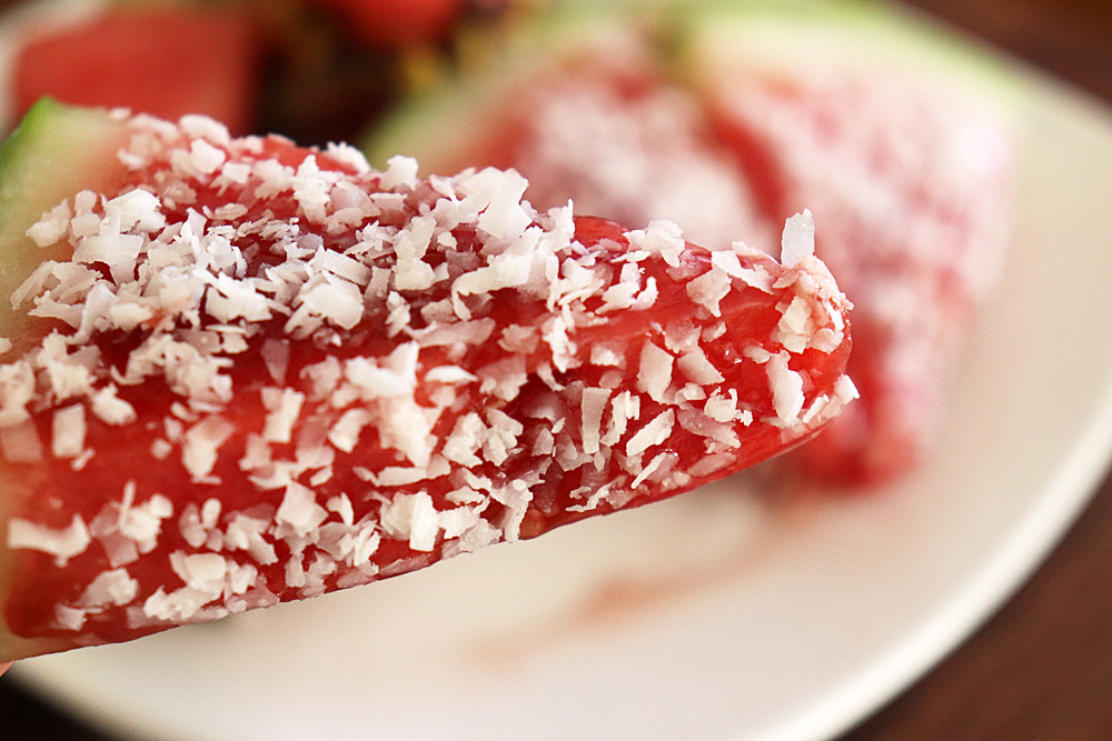 Close up of Easy Coconut Coated Watermelon Wedges