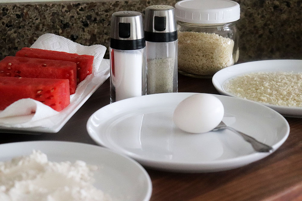 Breading station for Pan Fried Watermelon Bites Recipe